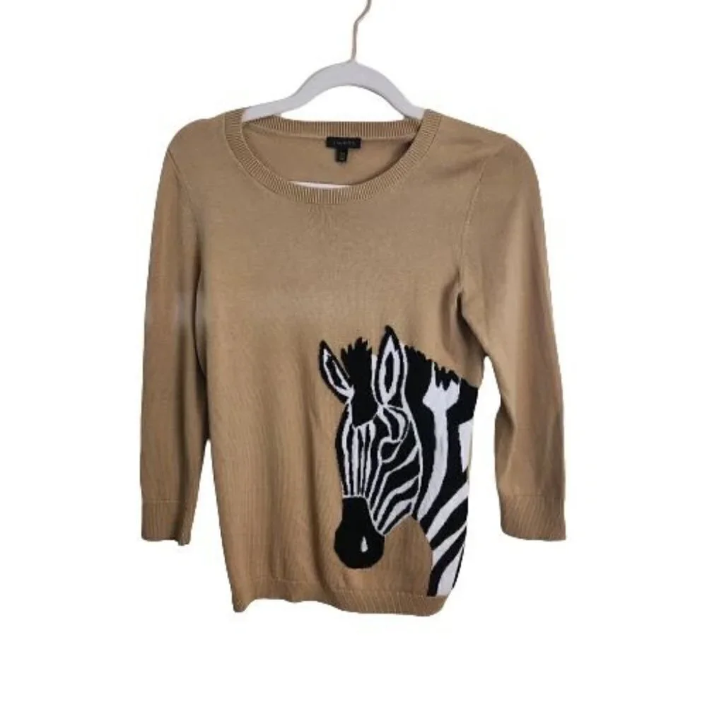 Talbots Crewneck Zebra Print Beige Sweater Size XS